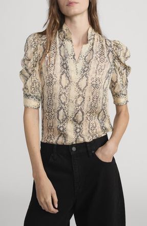 Frame Denim The Gillian Snake Print Puff Sleeve Silk Top in Camel Multi at Nordstrom, Size X-Small