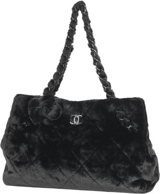Chanel Camellia Black Fur Leather Shoulder Bag Tote Bag (Pre-Owned)