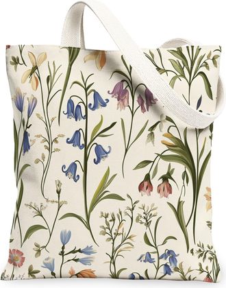 Generic Spring Bluebell Flower Canvas Tote Bag for Shopping 13x15, Vintage Wildflower Florals Reusable Grocery Print Pattern Bag for Women, Aesthetic Beach Ae