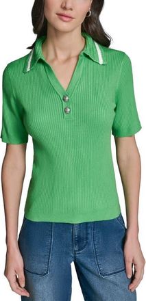 Karl Lagerfeld Crochet Collar Rib Polo Sweater in Garden Green/Soft White at Nordstrom, Size X-Large