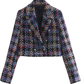 Generic Womens Fashion Double Breasted Plaid Tweed Short Suit Jacket Retro Long Sleeve Jacket Fashion Tops