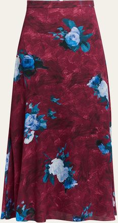 Erdem Painterly Floral-Print A-Line Midi Skirt