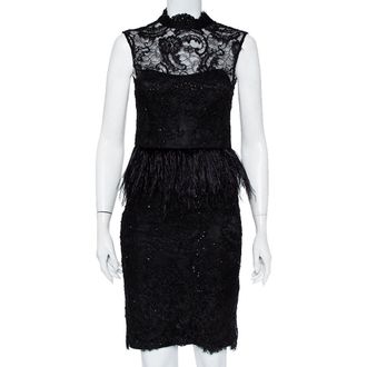 Alice & Olivia Alice + Olivia Black Embellished Lace & Feather Trim Patricia Peplum Dress