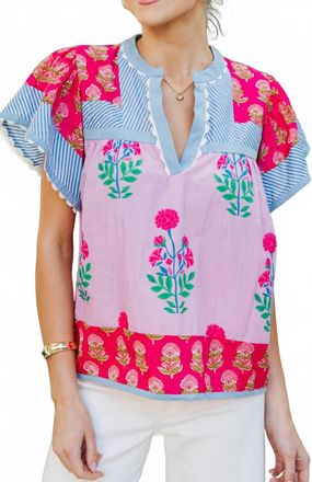 THML Clothing Floral V-Neck Top In Pink Multi