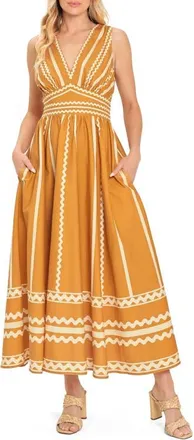 Flying Tomato Rickrack Fit & Flare Maxi Dress in Camel Ivory at Nordstrom, Size Medium