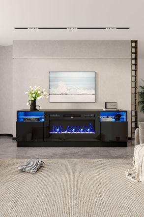 Living and Home Recessed Electric Fireplace TV Stand with Closed Storage Black