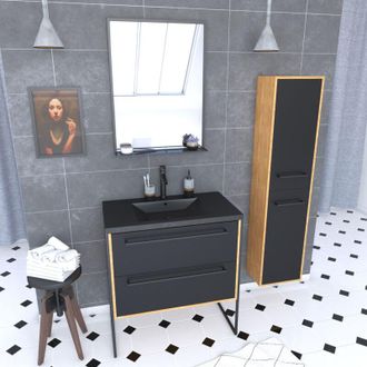 Aurlane Mueble De Ba&ntilde;o 80x50cm - Lavabo Negro - Cajones Negro + Columna + Espejo