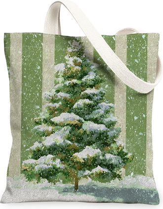 Generic Vintage Canvas Tote Bags, Festive Tree Pattern Reusable Grocery Bags, Lightweight Washable Shoulder Strap Canvas for Shoppi, Green, 13x15 Inch