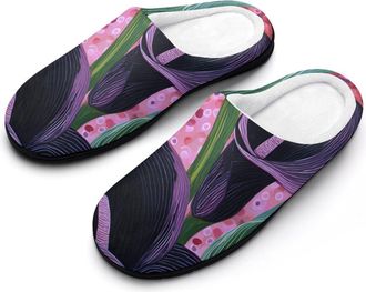 Generic Calla Lilies Green Leaves Pink Dots Slippers Men Winter Warm Cotton Anti-Slip Indoor Slip-Ons House Shoes