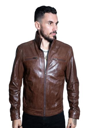 Infinity Leather Mens Classic Biker Jacket-Caracas - Brown Nappa Leather - Size Medium