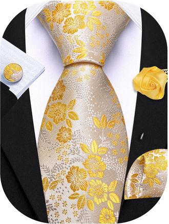 Barry.Wang Yellow Champagne Tie with Flower Lapel Pin for Men Floral Silk Necktie Pocket Square Cufflinks Set Formal Wedding Party Business