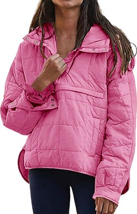 Generic womens fleece jacket,Quilted Puffer Jacket for Women UK Lightweight Pullover Hoodie Warm Winter Down Jackets Quarter Button Casual Padded Coats,Pink,3
