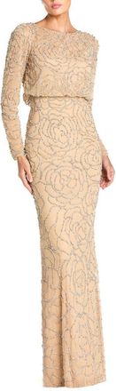 Mac Duggal Long Sleeve Floral Beaded Blouson Gown in Nude Silver at Nordstrom, Size 16