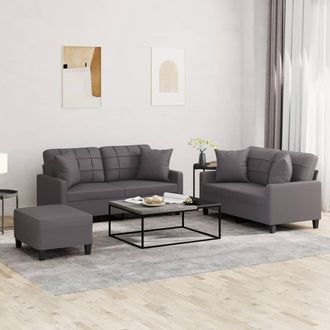 vidaXL Vidaxl - Juego De Sof&aacute;s Con Cojines 3 Piezas Cuero Sint&eacute;tico Gris