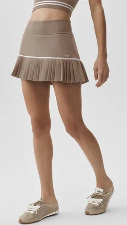 Alo | Scholar Knit High-Waist My Serve Tennis Skirt in Gravel/White, Size: Medium
