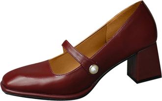 Generic Womens High Heels Square Toe Fashion Thick Heel Pearl Dress Shoes for Ladies Comfortable Stylish Footwear (Red, 4)