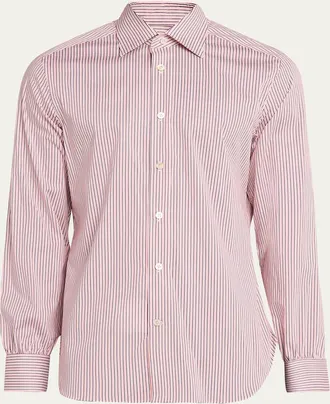 Kiton Mens Cotton-Stretch Multi-Stripe Sport Shirt