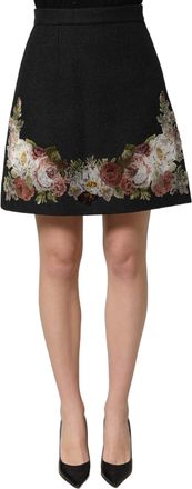 Dolce & Gabbana Womens Black Floral Macram&eacute; High Waist A-Line Skirt Viscose Cashmere Virgin Wool