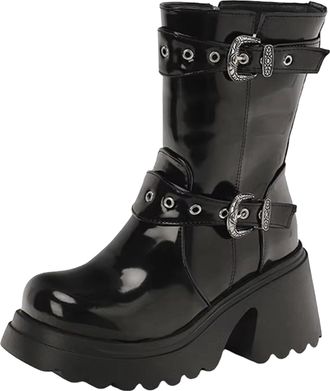 Generic Womens Mid Calf Boots Round Toe Super High Stout Heel Platform With Functional Side Zipper And Belt Clip Details