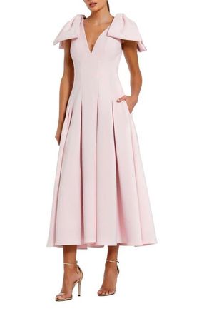Mac Duggal Crepe A Line Midi Dress With Bow Straps in Blush at Nordstrom, Size 10
