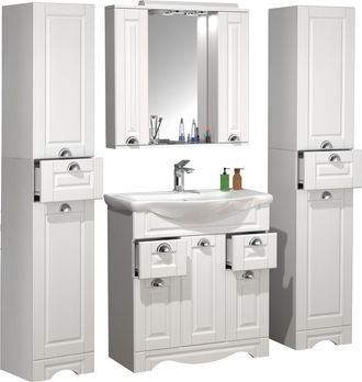 ebuy24 Ebuy24 - Vcm 5pcs Lavabo Ancho 75 Cm Muebles De Ba&ntilde;o Conjunto Lavabo Espejo Gabinete Alto Gabinete Casa Rural Caj&oacute;n Casalo Xl (blanco)