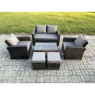 Fimous 6 Seater Outdoor Lounge Sofa Set Wicker pe Rattan Garden Furniture Set with Rectangular Coffee Table Double Seat Sofa 2 Small Footstools Dark Grey