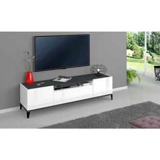 Dmora Dmora - Mueble Tv Para Sal&oacute;n, Made In Italy, Mueble Tv Con 2 Puertas Y 1 Caj&oacute;n, 160x40h47 Cm, Blanco Brillo Y Pizarra, Con Embalaje Reforzado