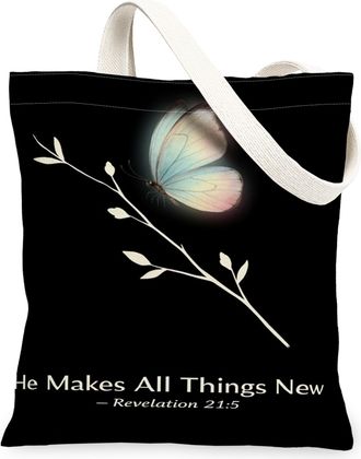 Generic Inspirational Butterfly Canvas Tote Bags, Artistic Floral Design Reusable Grocery Bags, Stylish Lightweight Washable Should, Black, 13x15 Inch