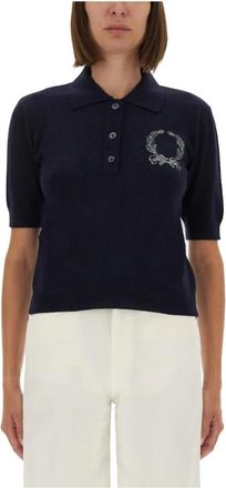 Moschino Geborduurd gebreid poloshirt - Dames - Ronde hals truien - Blauw - S - Wol - Truien & Vesten