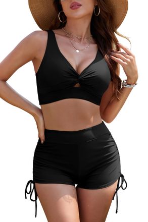 SHEKINI High Waisted Tankini Set Twist Front 2 Piece Swimsuits Ruched Tummy Control Bikini Set Drawstring Bathing Suits, Black, Medium