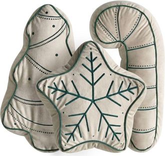 Beliani Set of 3 Scatter Cushions Light Beige and Green Velvet Fabric Christmas Gingerbread Motif 40 x 40 cm, 60 x 40 cm, 70 x 35 cm Decoration Accessory