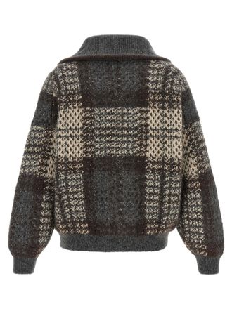 Brunello Cucinelli Tartan Sequin-Embellished Cardigan - Charcoal