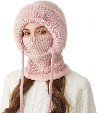 Generic 3 in 1 Beanie Hat for Women, 3 in 1 Beanie Hat with Scarf and Mask, Warm Neck Warmer Sets, Winter Woolly Hat with Warm Fleece Linning, for Outdoor Ski