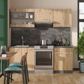Vicco Mueble De Cocina R-line, Roble Artesanal/antracita, 200 Cm, Ap M&aacute;rmol