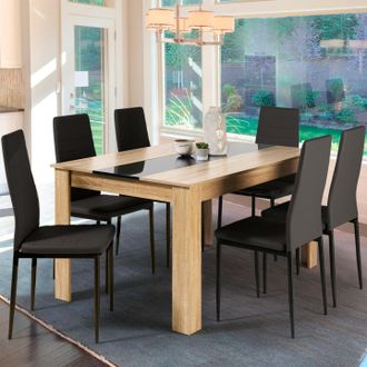 IDMarket Idmarket - Conjunto De Mesa De Comedor Georgia 140 Cm Imitaci&oacute;n Haya Y Negro Y 6 Sillas Romane Negras
