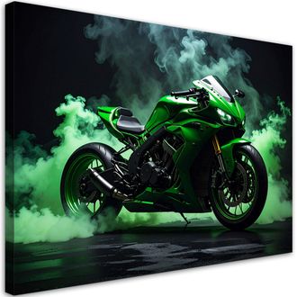 Feeby Cuadro En Lienzo, Motocicleta Verde Motocicleta De Carreras, 120x80