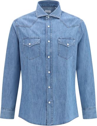 Brunello Cucinelli Mens Shirt Easy Fit Medium Wash Denim Cotton
