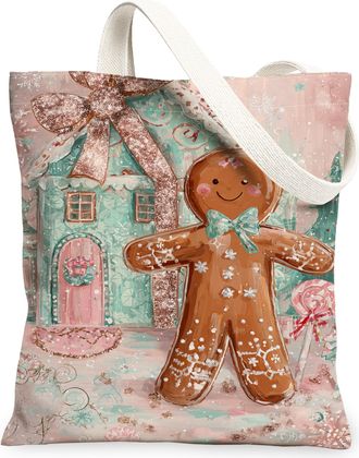 Generic Fanciful Gingerbread Canvas Tote Bags, Holiday Biscuits Design Reusable Bags, Vintage Lightweight Washable Shoulder Strap F, Peach, 13x15 Inch