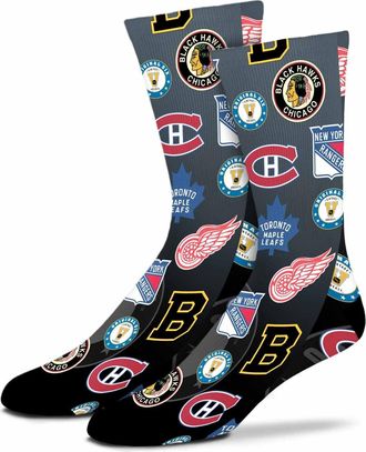 For Bare Feet Youth NHL Original 6 All Over Logo Crew Socks, Unisex Footwear, Hockey Apparel, Montage Design, Black, One Size