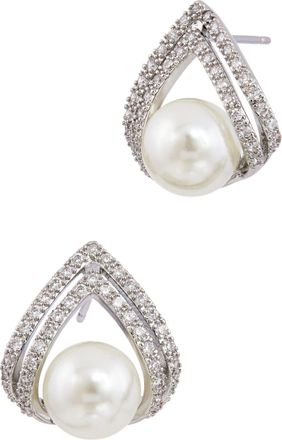 Savvy Cie Jewels RHODIUM PLATED CHEVRON WHITE CZ STUD WITH FAUX PEARLS EARRINGS
