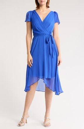 DKNY Flutter Sleeve Faux Wrap Midi Dress in Cosmic Blu at Nordstrom Rack, Size 14