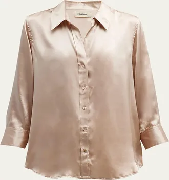 L'agence Dani Silk Satin 3/4-Sleeve Button-Down Blouse