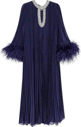 Self Portrait Chiffon Long Dress With Ostrich Feathers-Donna