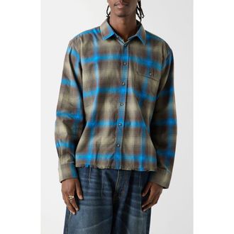 Guess Boxy Fit Plaid Crop Flannel Button-Up Shirt in Green/Blue at Nordstrom, Size Xx-Large