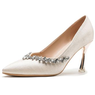 Generic MiaZane Womens Satin Pointed Toe Slip On Stiletto Heels with Crystal Embellishment Bridal Pumps for Wedding Reception & Formal Banquet Memory Foam Cus