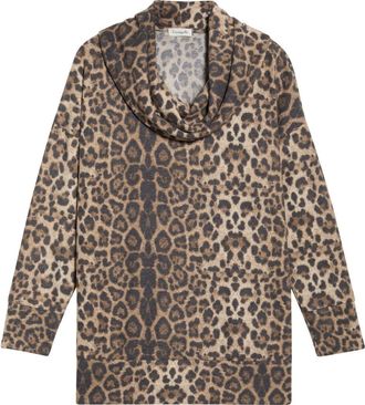 Loveappella Leopard Print Hacci Knit Cowl Neck Tunic in Taupe/Brown at Nordstrom, Size 2 X