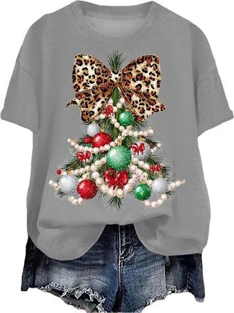 Generic Christmas T Shirts for Women UK Funny Plus Size Ladies Xmas Sweatshirts Women Casual Round Neck Short Sleeve Top with Funny Christmas Print Tshirt Cot