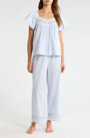 Nordstrom Lace Trim Cotton Poplin Pajamas in Blue- Ivory Classic Dot at Nordstrom, Size X-Small
