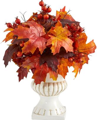 Nearly Natural 20-in Autumn Maple Leaf and Berries Artificial Plant in White Urn in Orange at Nordstrom