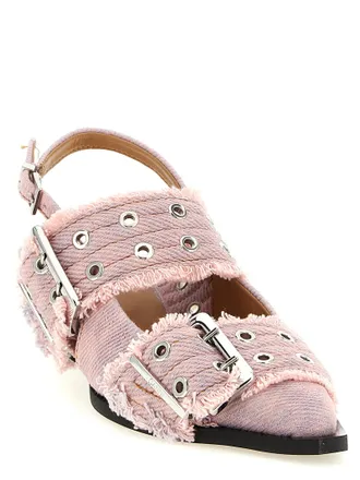 Ganni Buckle-Trimmed Fringed Denim Slingback Heel - Pink